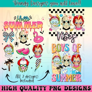 May include: A digital design featuring summer-themed graphics. Includes the words "Hello SUMMER", "Vibes", and "BOYS OF SUMMER". The image also shows a flamingo, watermelon slices, and other summer-related elements. The text "All 3 designs included" is also present.