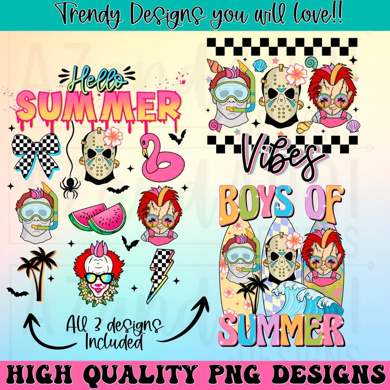 May include: A digital design featuring summer-themed graphics. Includes the words "Hello SUMMER", "Vibes", and "BOYS OF SUMMER". The image also shows a flamingo, watermelon slices, and other summer-related elements. The text "All 3 designs included" is also present.