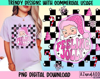 May include: A light purple t-shirt with a graphic of Santa Claus wearing a pink hat and the words "Feeling Jolly." The design includes a checkered background, snowflakes, candy canes, and Christmas trees. The text "PNG DIGITAL DOWNLOAD" is also visible.