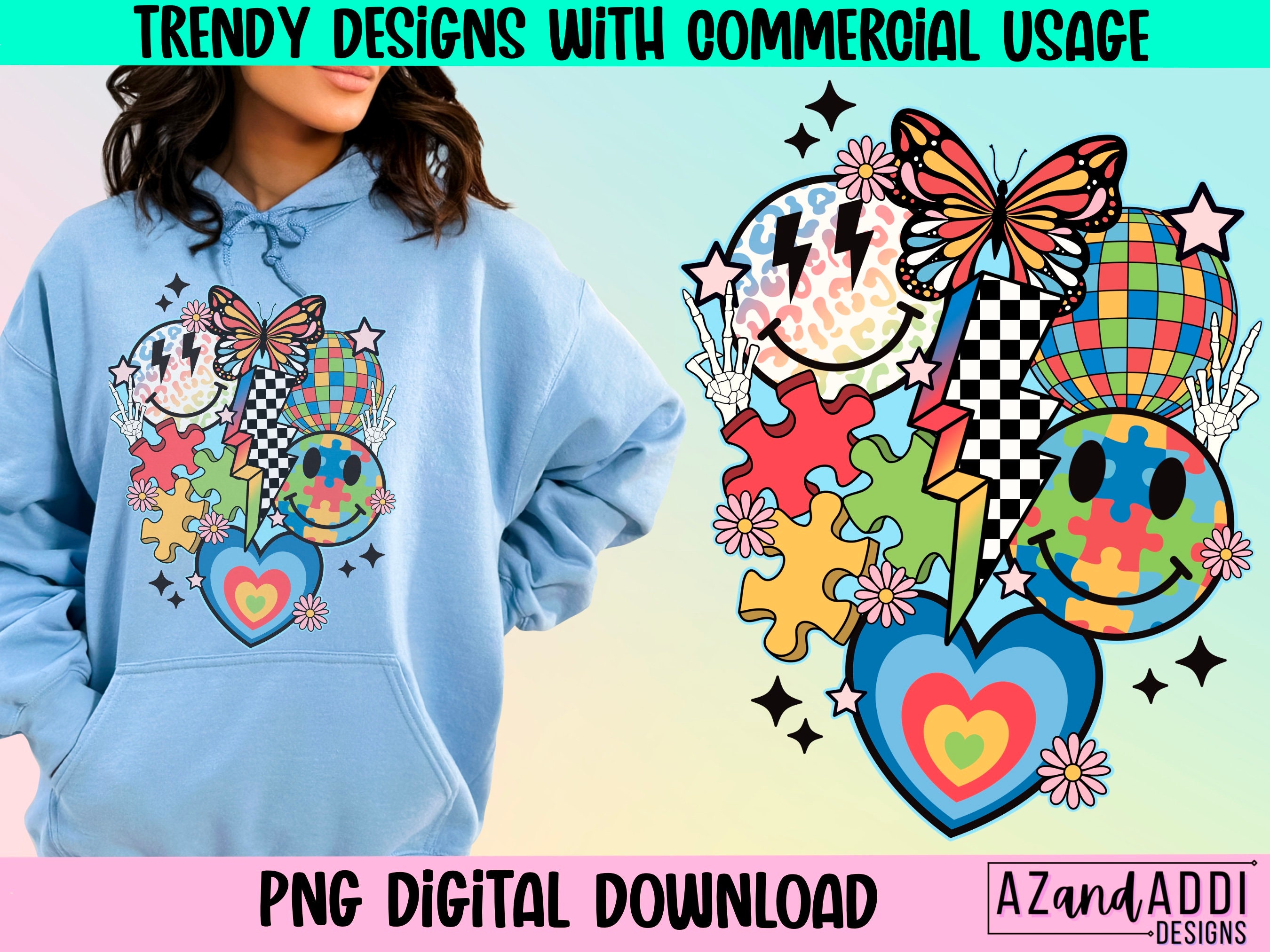 Retro autism acceptance png, autism awareness month png, autism sublimation design, autism butterfly, autism puzzle pieces, autism heart