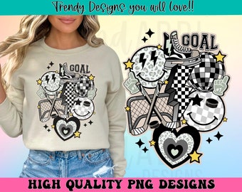 Retro hockey lightning bolt collage png, black and gray hockey team png, hockey sublimation design, hockey smile face png, hockey mom png