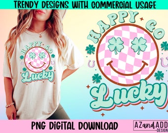 Happy go lucky png, retro st Patrick’s day sublimation design, st Patricks day vibes png, lucky charm shirt, four leaf clover digital print