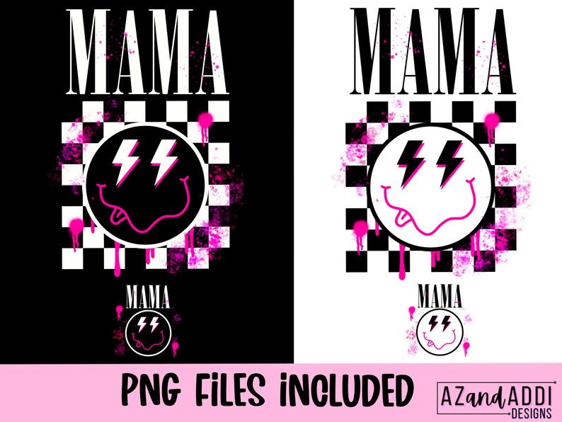 Pu&ograve; includere: Sfondo a scacchi bianco e nero con una faccia sorridente rosa con fulmini e la parola "MAMA" in lettere rosa. Lo sfondo &egrave; spruzzato di vernice rosa.