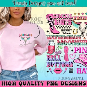 May include: A pink sweatshirt with a graphic design of a cow skull with the text "Long Live Cowgirls". The graphic is on the left side of the sweatshirt. The sweatshirt has a pocket on the left side. The background of the image is a light blue with a pink and white checkered pattern. The text "Trendy Designs you will love!!" is at the top of the image. The text "HIGH QUALITY PNG DESIGNS" is at the bottom of the image. The text "3 COLORS AVAILABLE" is in the middle of the image.