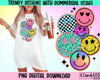 Trendy retro sublimation png, cute happy face collage, checkerboard png, lightning bolt digital download, leopard pattern png