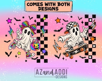 Pacchetto PNG di fantasmi di Halloween, fantasma skater e fantasma civettuolo con fiocco, disegni per magliette a tema Halloween, sublimazione retrò per Halloween