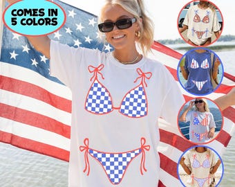 4th of July Summer Bikini PNG Bundle, Retro Checkered Swimsuit Design, Coquette Beach Shirt PNG, 5 Independence Day Color Variations