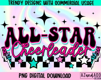 Animación retro png, animadora de todas las estrellas, diseño de sublimación de animadoras, vibraciones de alegría png, descarga de diseño digital, diseño de equipo de animadoras