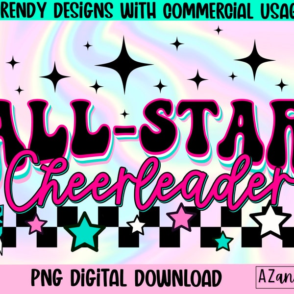 Retro cheer png, all star cheerleader, cheerleading sublimation design, cheer vibes png, digital design download, cheer team design