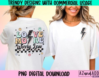 Love More Worry Less PNG, Retro, Smile Face, Valentine's Png, Herzen, Retro Valentinstag Sublimation, Taschendesign, Liebe png, Blitz