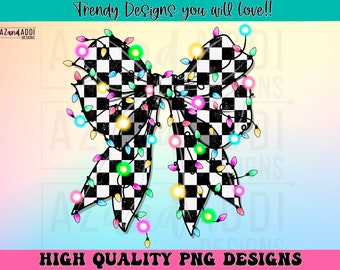 Christmas light coquette bow png, checkerboard bow png, Christmas bow sublimation design, cute trendy Christmas shirt digital print