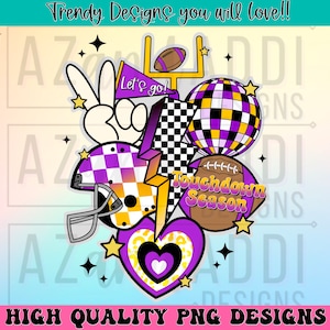 Retro football collage png, football sublimation design, purple and yellow football png, custom football team colors, touchdown season png
