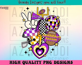 Retro football collage png, football sublimation design, purple and yellow football png, custom football team colors, touchdown season png