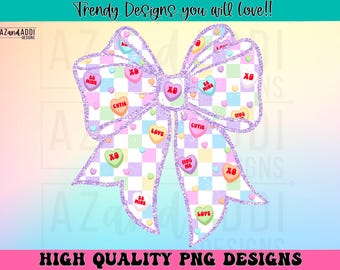 Valentines Day coquette bow png, checkerboard pastel bow png, Candy heart bow sublimation design, cute trendy glitter Valentines shirt png