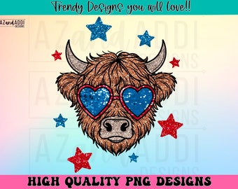 Brillo falso 4 de julio vaca de las tierras altas png, diseño de sublimación retro del Día de la Independencia, bougie novilla png, rojo blanco y descarga digital moo