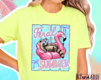Feral Summer PNG, Funny Raccoon Flamingo Float Shirt Design, Coquette Summer Aesthetic, Cute Trash Panda Sublimation PNG