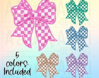Glitter checkerboard coquette bow png bundle, summer bow sublimation design, preppy bow png, cute trendy glitter retro coquette shirt png