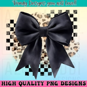 Black coquette bow with leopard and checkerboard background, cute retro coquette bow sublimation design, trendy, watercolor, black bow png
