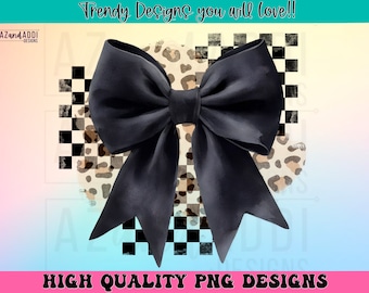 Lazo de coqueta negro con fondo de leopardo y tablero de ajedrez, lindo diseño de sublimación de arco de coqueta retro, de moda, acuarela, lazo negro png