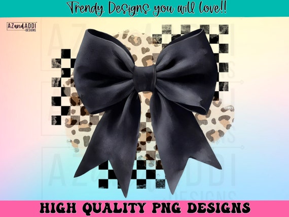 Black coquette bow with leopard and checkerboard background, cute retro coquette bow sublimation design, trendy, watercolor, black bow png