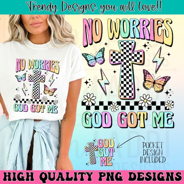 No worries god got me png, retro Christian png, pastel religious spring png, faith png, inspirational png, butterfly floral Christian png