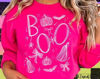 Halloween BOO Png, design spettrale per maglietta, carino Halloween PNG, design zucca pipistrello fiocco, maglietta di Halloween Png, download sublimazione DTF