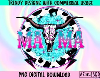 Western mama png, mama cow skull png, retro western sublimation design, Mother’s Day png, mama lightning bolt, digital sublimation design