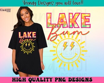 Lake bum png, retro summer sublimation designs download, happy face lake boat babe png, trendy colorful summer shirt design, digital png
