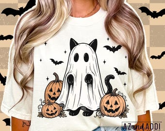 Gatto fantasma PNG, design per maglietta di Halloween, gatto spettrale PNG, maglietta di Halloween con zucca, download digitale di gatto strega, PNG per sublimazione