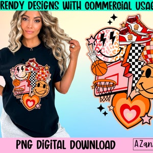 May include: A digital design featuring a basketball hoop, basketballs, a smiley face, a heart, a lightning bolt, and a checkerboard pattern. The design is in shades of orange, red, pink, and black.