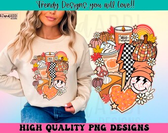 Retro fall vibes sublimation png design, fall smile face png, pumpkin spice themed collage, autumn png, thanksgiving png, digital download