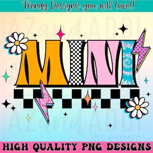 Retro Mini png, Mini sublimation design, neon Mini png, colorful Mini text png, trendy shirt design, matching mama mini, checkerboard png