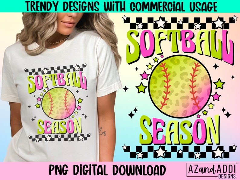 May include: A digital design featuring a softball with a leopard print design and the text "Softball Season" in pink and green letters with a checkered background.