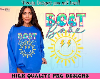 Boat babe png, retro summer sublimation designs download, happy face lake boat babe png, trendy colorful summer shirt design, digital png