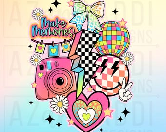 May include: A vibrant digital design featuring the text "Trendy Designs you will love!!" and "Make Memories". The design includes a pink camera, a disco ball, a lightning bolt, a smiley face, and hearts.