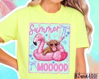 Summer Mood PNG, Highland Cow Flamingo Float Shirt Design, Cute Coquette Summer Graphic, Beach Vacation Sublimation PNG