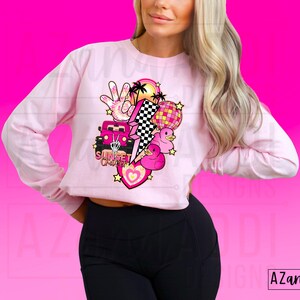 May include: Pink and white graphic design on a pink sweatshirt with the text "Sunset Cruiser".