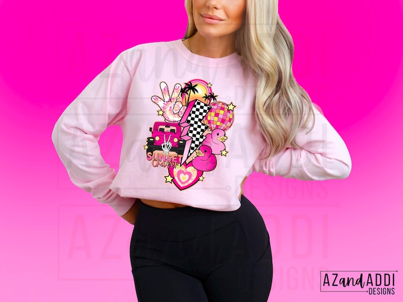 May include: Pink and white graphic design on a pink sweatshirt with the text "Sunset Cruiser".