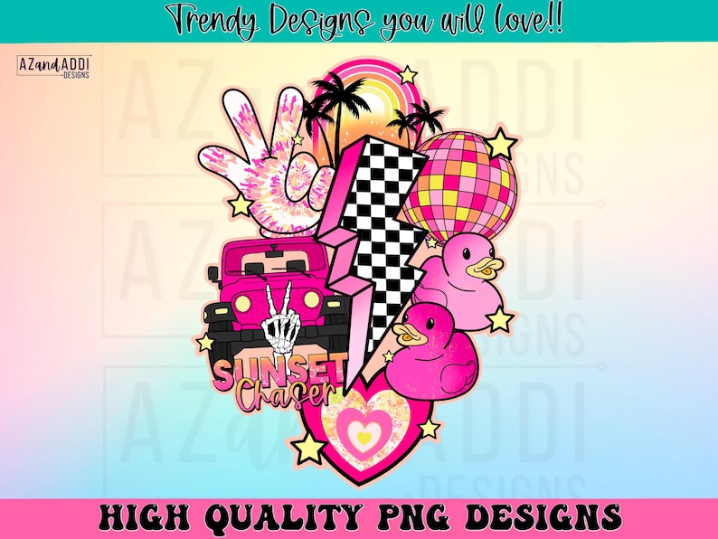 May include: A digital design featuring a pink jeep, a pink lightning bolt, a pink peace sign, pink rubber duckies, a pink disco ball, and the text "Sunset Chaser".