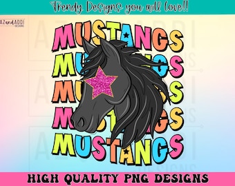 Mustangs preppy mascot png, mustangs mascot school spirit design, retro mustangs sublimation design, sports team mascot shirt digital print