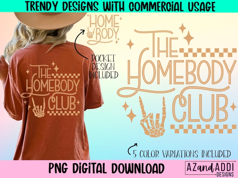 Puede incluir: Una descarga digital de un dise&ntilde;o gr&aacute;fico con el texto "The Homebody Club" en color tostado con una mano de esqueleto haciendo un signo de rock and roll. El dise&ntilde;o incluye un patr&oacute;n a cuadros y estrellas. El texto "Homebody" tambi&eacute;n se incluye en un tama&ntilde;o m&aacute;s peque&ntilde;o con un dise&ntilde;o de bolsillo.