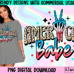 May include: Digital download of a graphic design featuring a peace sign with red, white and blue glitter, a leopard print background, and the text "American Babe".