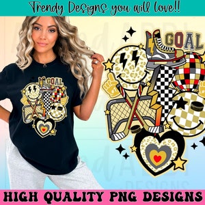 Retro hockey png, hockey sublimation design, gold and black hockey png, hockey smile face png, hockey season png, hockey mom png