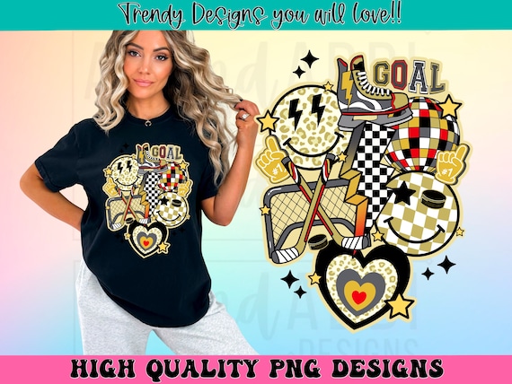 Retro hockey png, hockey sublimation design, gold and black hockey png, hockey smile face png, hockey season png, hockey mom png