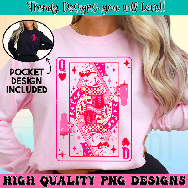 Reina de corazones png, Día de San Valentín png, Lindo diseño de sublimación de reina de corazones en rojo y rosa, descarga digital de camiseta de moda para el Día de San Valentín