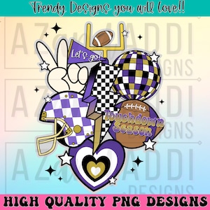 Retro football collage png, football sublimation design, purple and gold football png, custom football team colors png, touchdown season png