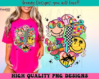 Retro summer png, hello summer png, colorful summer sublimation design, summer smile face collage Png, tropical summer palm tree digital png