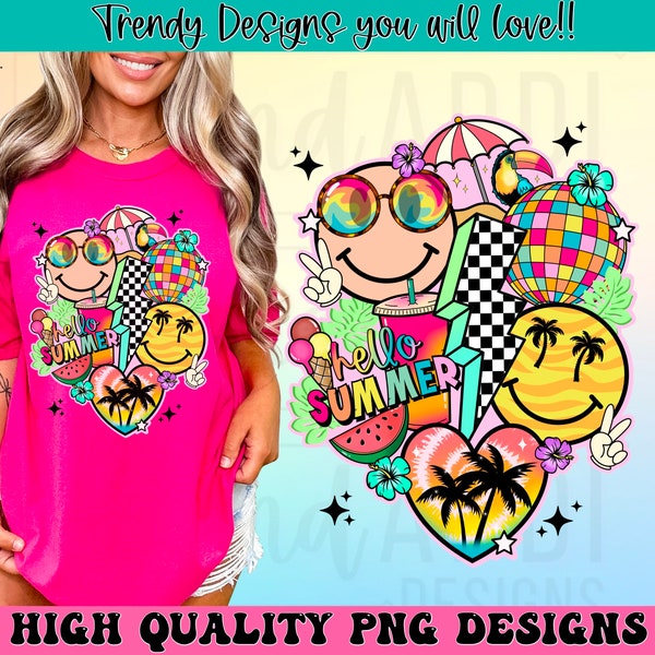 Retro summer png, hello summer png, colorful summer sublimation design, summer smile face collage Png, tropical summer palm tree digital png