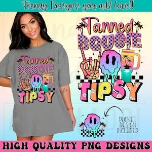 May include: A digital design featuring a colourful graphic with the text "Tanned Bougie Tipsy" and a smiley face with a dripping effect. The design is perfect for creating t-shirts, mugs, tote bags, and other merchandise.