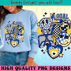 Retro hockey png, hockey sublimation design, blue and yellow hockey team png, hockey vibes png, hockey mom png, trendy hockey shirt design